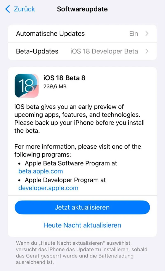 朝天苹果手机维修分享苹果 iOS / iPadOS 18 开发者预览版 Beta 8 发布 